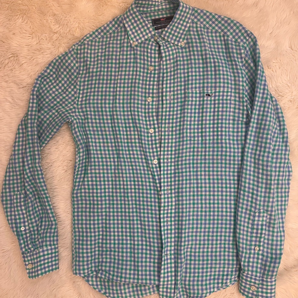 Vineyard Vines Blue and Green Plaid Shirt